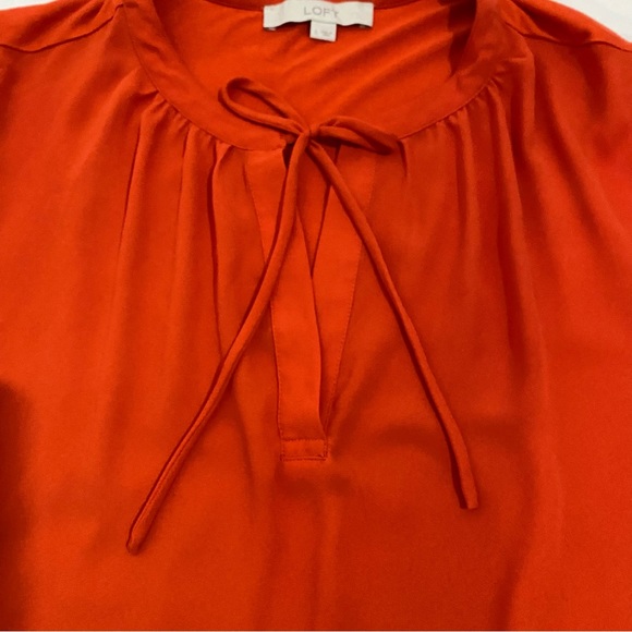 Loft Orange Red Tie Front Peasant Blouse With Ruffle Peplum Hem, Size Large - Picture 5 of 16